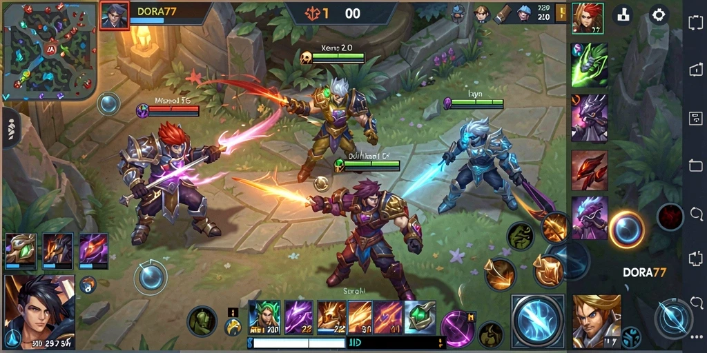 Tampilan gameplay seru DORA77 dengan pertarungan tim yang intens.