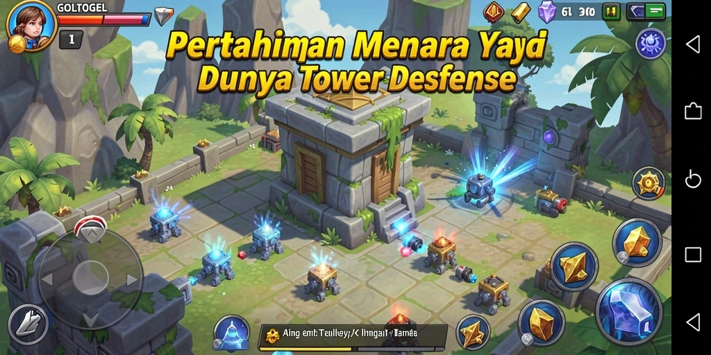 Screenshot gameplay GOLTOGEL dengan aksi menara yang menarik.