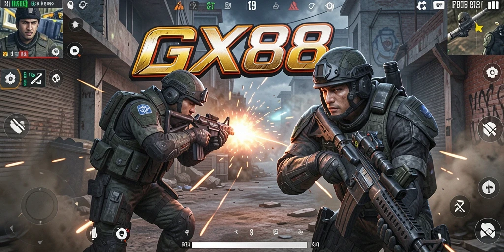 Screenshot gameplay GX88 menampilkan aksi tembak-menembak yang mendebarkan.