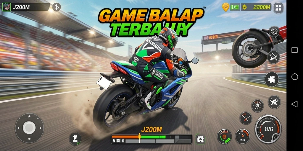 Screenshot gameplay J200M menampilkan aksi balapan motor yang mendebarkan.