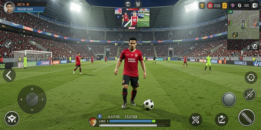 Tampilan gameplay JKT8 dengan aksi sepak bola yang mendebarkan.