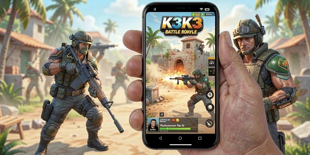Tampilan gameplay seru dalam <strong>K3K3</strong> yang menunjukkan pertempuran intens Battle Royale.