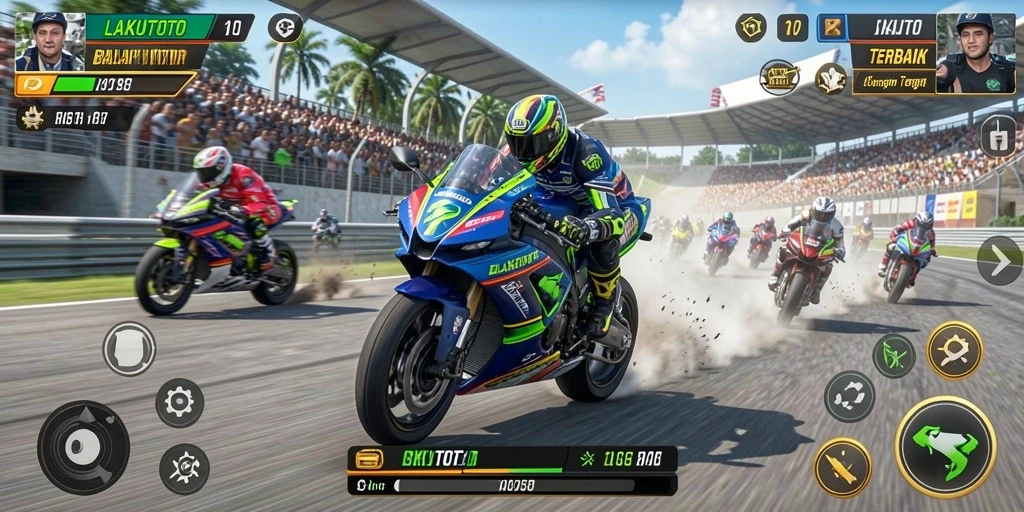 Tampilan gameplay seru dalam LAKUTOTO saat balapan motor.