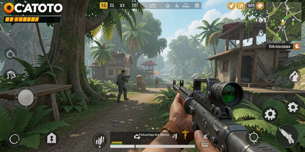 Screenshot menunjukkan aksi intens karakter dalam OCATOTO di lingkungan yang mendebarkan.