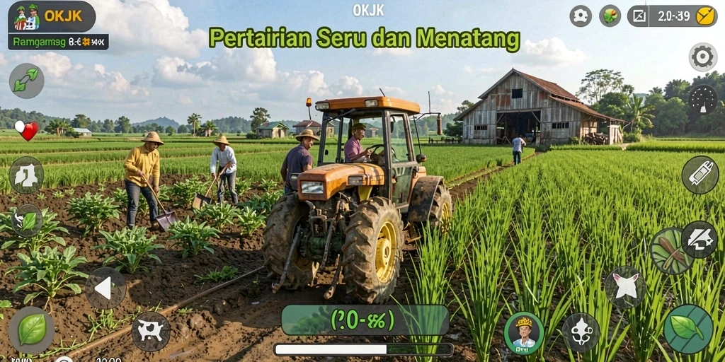 Tampilan gameplay seru di <strong>OKJK</strong> dengan petak pertanian yang luas.