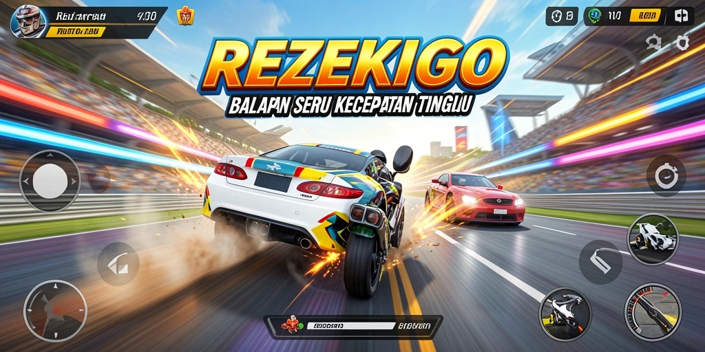 Tampilan layar utama game REZEKIGO yang penuh aksi balap.