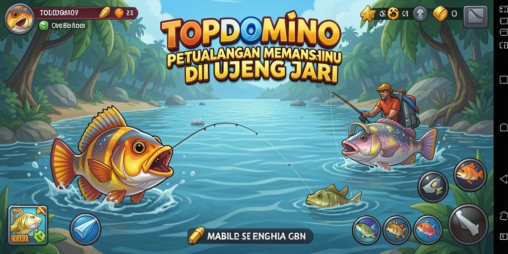 Screenshot gameplay TOPDOMINO menampilkan aktivitas memancing yang menegangkan dan interaksi sosial.