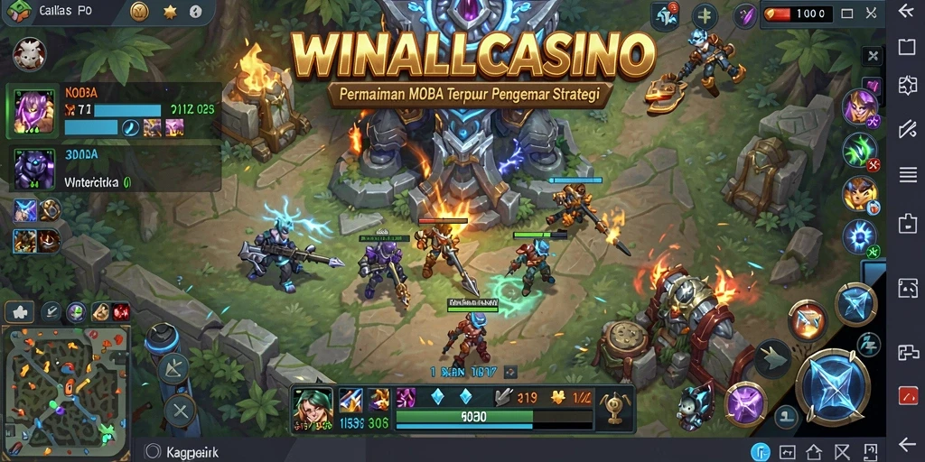 Tampilan gameplay epik dari WINALLCASINO dengan karakter yang bertarung.