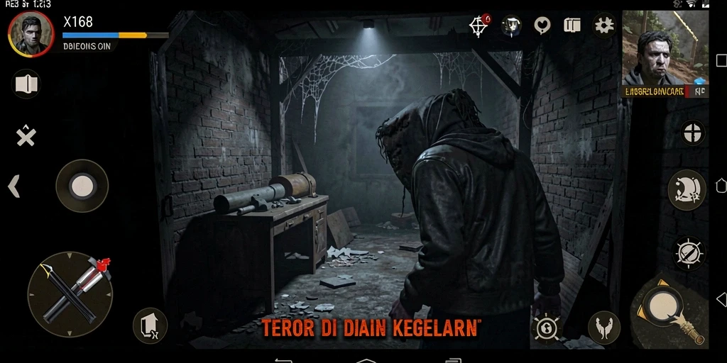 Screenshot gameplay X168 yang menampilkan atmosfer mencekam dan elemen horor.